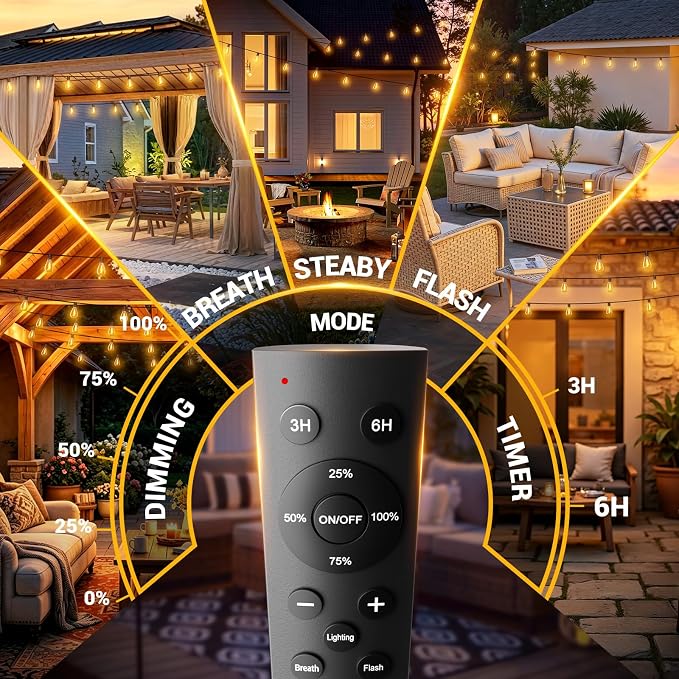 50FT Outdoor String Lights with Remote, Waterproof Patio Lights with 18+1 Shatterproof LED Bulbs,Dimmable Hanging Decor for Backyard Garden Porch Bistro, Timer & 3 Modes,2700K Warm White
