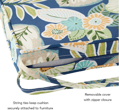Outdoor 18 inch Square Patio Dining Chair Pads – Comfortable Fiber-Filled Seat Cushions with Ties, Reversible Polyester Fabric - Marlow Blue Floral, Set of 4