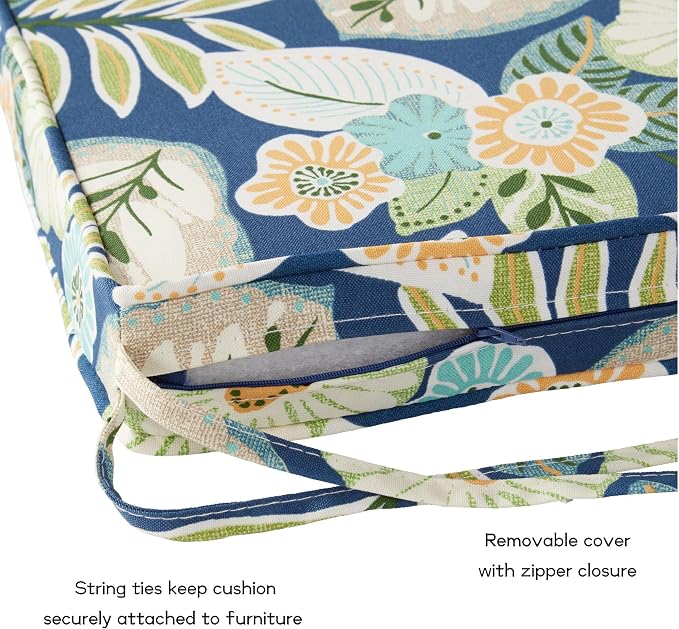 Outdoor 18 inch Square Patio Dining Chair Pads – Comfortable Fiber-Filled Seat Cushions with Ties, Reversible Polyester Fabric - Marlow Blue Floral, Set of 2