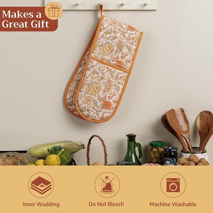 Maison d' Hermine Double Oven Mitts 100% Cotton Double Oven Glove (7"x35") | Heat Resistant BBQ Cooking Gloves with Loop Baking Kitchen Home Hotel Farmhouse Thanksgiving Christmas - Pumpkin Spice