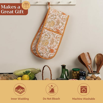 Maison d' Hermine Double Oven Mitts 100% Cotton Double Oven Glove (7"x35") | Heat Resistant BBQ Cooking Gloves with Loop Baking Kitchen Home Hotel Farmhouse Thanksgiving Christmas - Pumpkin Spice