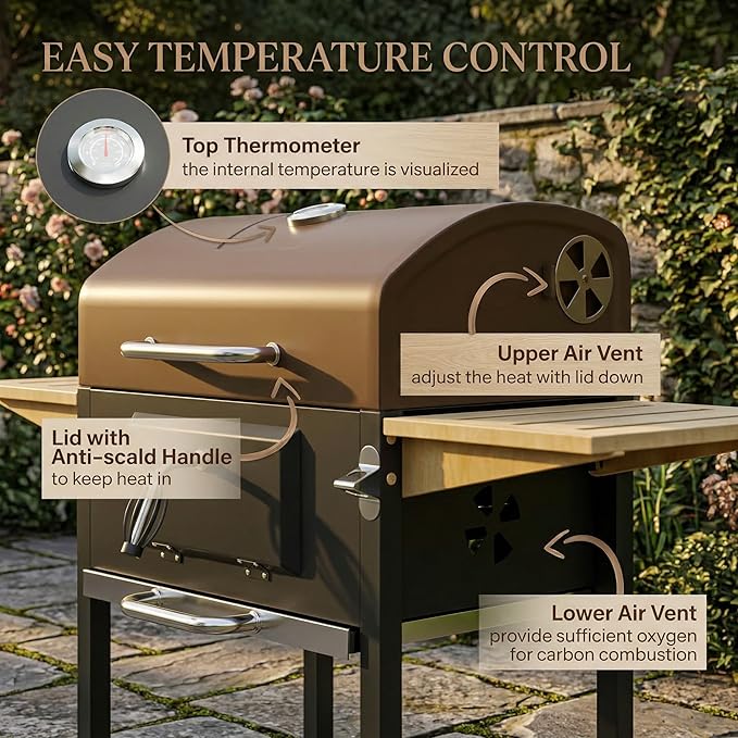 Outsunny Charcoal BBQ Grill with 245 sq. in. Cooking Area, Outdoor Barbecue Grill with Adjustable Charcoal Pan, Thermometer, 3 Shelves, Wheels for Patio, Picnic, Backyard, Party, Black