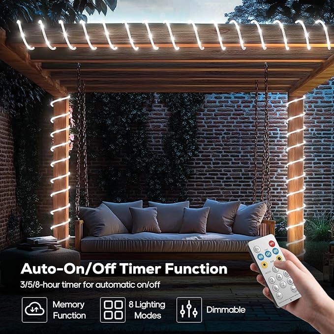 ICRGB Solar Rope Lights, 66FT 200LED 1800mAh Outdoor Waterproof Solar Lights with Remote, IP67 String Light with Timing & 8 Modes for Garden Tree Pathway Yard Pool RV Christmas Decor, White