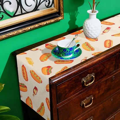Penitue 13x72in/33x183cm Hot Dog Table Runner, Hot Dog Party Decorations Fast Food Sausage Theme Dining Table Cloth Tablecloth Decor for Indoor Outdoor Kitchen BBQ Supplies Accessories Gift Stuff