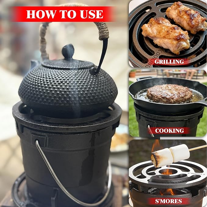 2-in-1 Hibachi Grill Outdoor, Pre-Seasoned Cast Iron, Tabletop MINI Portable Charcoal Grill for Camping - w/Draft Door, 2PCS Grates 6.3"