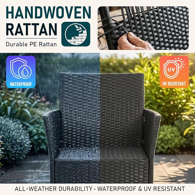 FDW Wicker Outdoor Furniture Patio Furniture Set of 3 Rattan Patio Chairs Outdoor Chairs Patio Conversation Set with Coffee Table for Yard Backyard Lawn Porch Poolside Balcony,Black