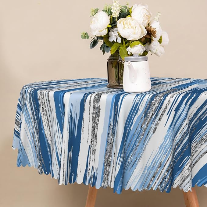 Abstract Striped Round Tablecloth 70 Inch Blue and White Old Texture Grunge Stripes Vintage Mosaic Dust-Proof Circle Table Cover Protector for Home Kitchen Restaurant Picnic Camping BBQ
