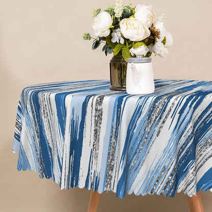 Abstract Striped Round Tablecloth 70 Inch Blue and White Old Texture Grunge Stripes Vintage Mosaic Dust-Proof Circle Table Cover Protector for Home Kitchen Restaurant Picnic Camping BBQ