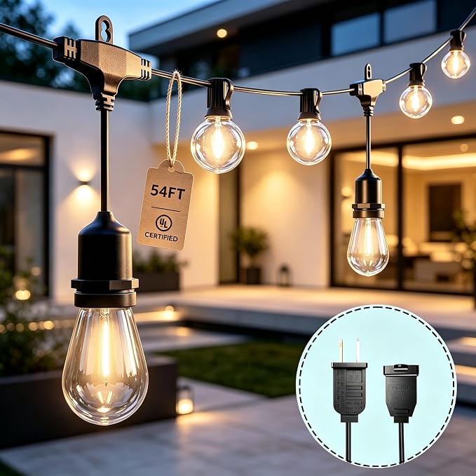 54Ft LED Outdoor String Lights with 25 S14 G40 Waterproof Bulbs Dimmable | Connectable Plug in Outside Hanging Lights for Indoor and Outdoor, Backyard, Bistro, Porch,Cafe,Deck,Garden,Warm White 2700K