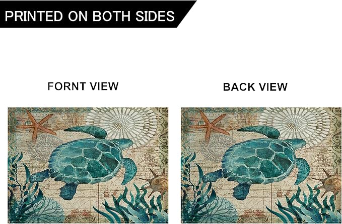 Sea Turtle Table Mats Set of 4 Beach Ocean Theme Placemats Waterproof Heat Resistant Washable Non-Slip Place Mats for Dinner Room Kitchen Decor Table 12”×16”