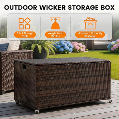 Outdoor 70 Gallon Wicker Storage Box with Waterproof Liner, Patio PE Rattan Storage Container for Outside, Deck Box with Hinged Lid for Cushions, Pillows, Towels, Horizontal Bin, Brown