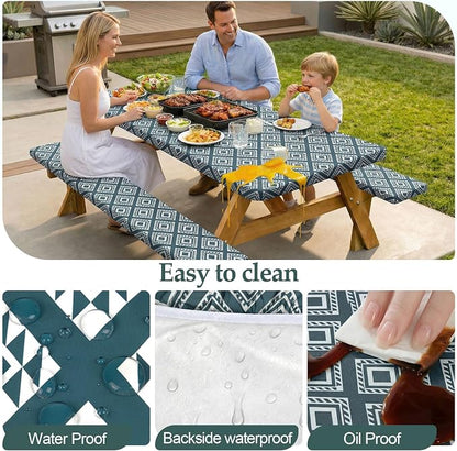 Picnic Table Cover Bench Covers Camping Essentials Tablecloth | Waterproof Vinyl for Outdoor, Windproof Elastic Fitted Edges, RV BBQ Accessories Must Haves, Storage Bag Included
