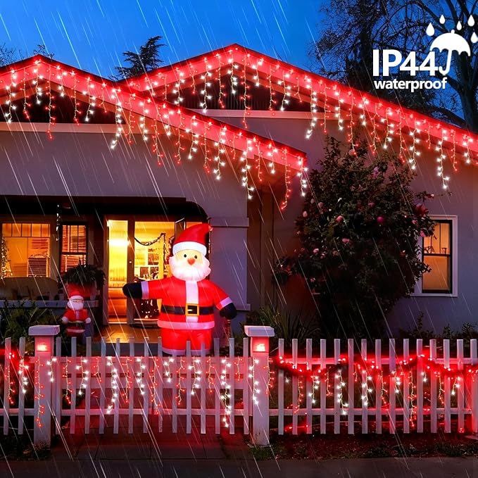 YEGUO 66ft 800 LED Red and White Icicle Lights Outdoor Waterproof, 160 Drops Icicle String Lights Connectable, 8 Modes Icicle Christmas Lights with Memory Timer