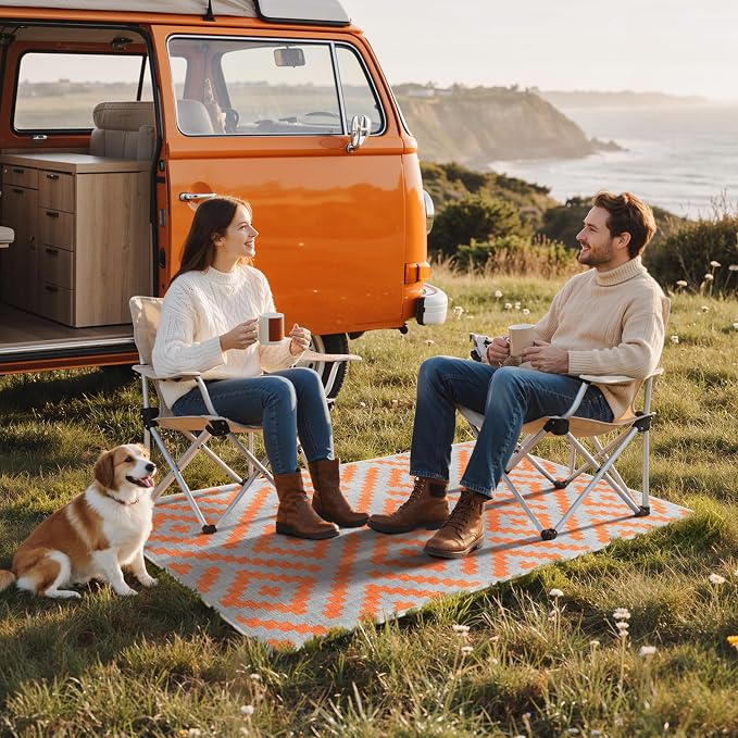 GENIMO Outdoor Rug 3'x5' Waterproof for Porch, Plastic Door Mat Orange Grey | Outside Modern Carpet Mat for Patio Decor, Porch, Deck, Balcony, Camping, RV, Picnic, Beach, Reversible, Foldable