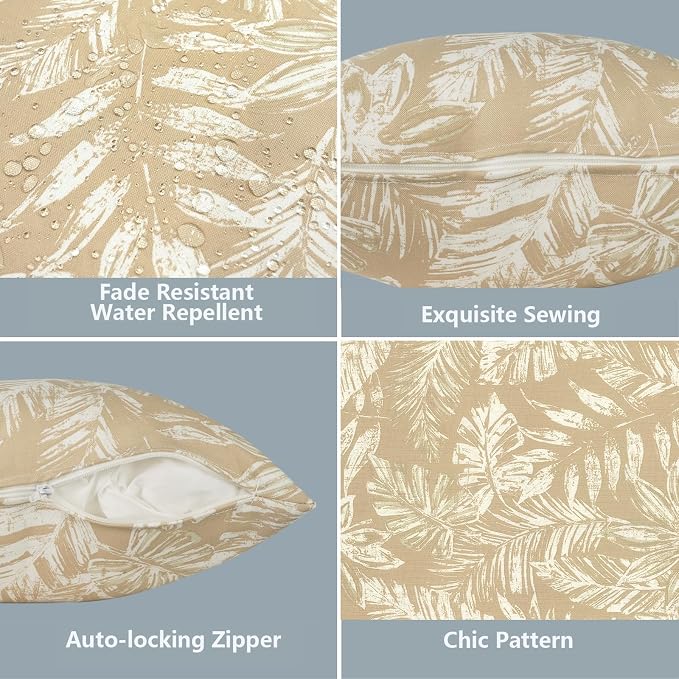 LVTXIII 2 Pack Outdoor Throw Pillow Covers for Patio Furniture, 16x16 Inch Square Pillow Case, Water-Repellent Cushion Covers for Garden, Porch, Sofa, Tropical Leaf Oat
