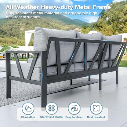 Outdoor Furniture Set, 6 Pieces Outdoor Couch Sectional, L Shaped Metal Patio Corner Sofa with 6” Thick Cushions, Patio Seating Conversation Set, Light Grey
