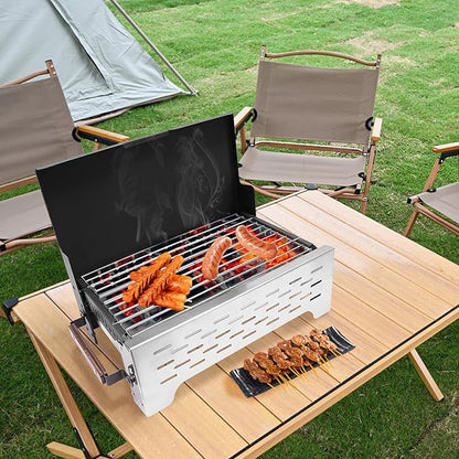 15.75 x 8.27In BBQ Charcoal Grill, Folding Camping Grill, with Anti-scald Handles, One-piece Windbreak Cover, Outdoor for Camping(Black+Silver)