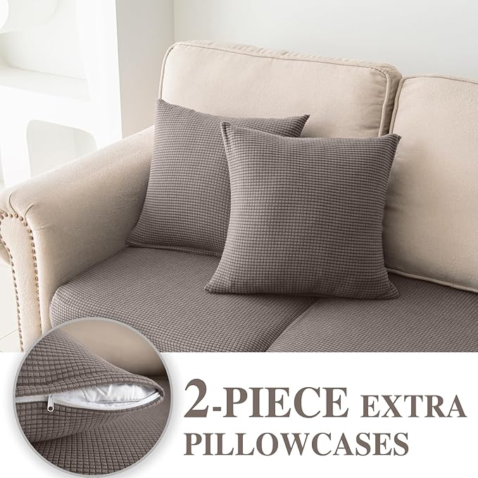 LA MEACK Couch Cushion Covers for Sectional Sofa L Shape Washable Separate Seat Chaise Couch Cover Stretch Sofa Slipcovers with 2 Pcs Pillowcases(3 Seater + 1 Chaise, Taupe)