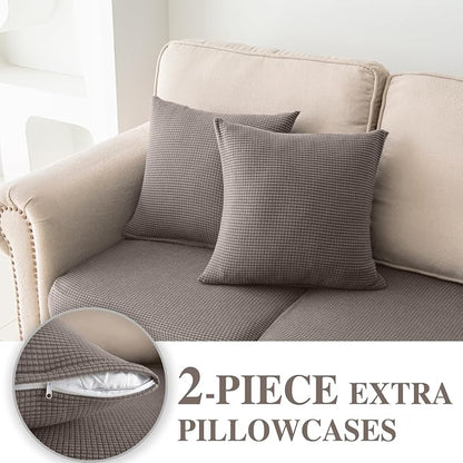 LA MEACK Couch Cushion Covers for Sectional Sofa L Shape Washable Separate Seat Chaise Couch Cover Stretch Sofa Slipcovers with 2 Pcs Pillowcases(2 Seater + 1 Chaise, Taupe)