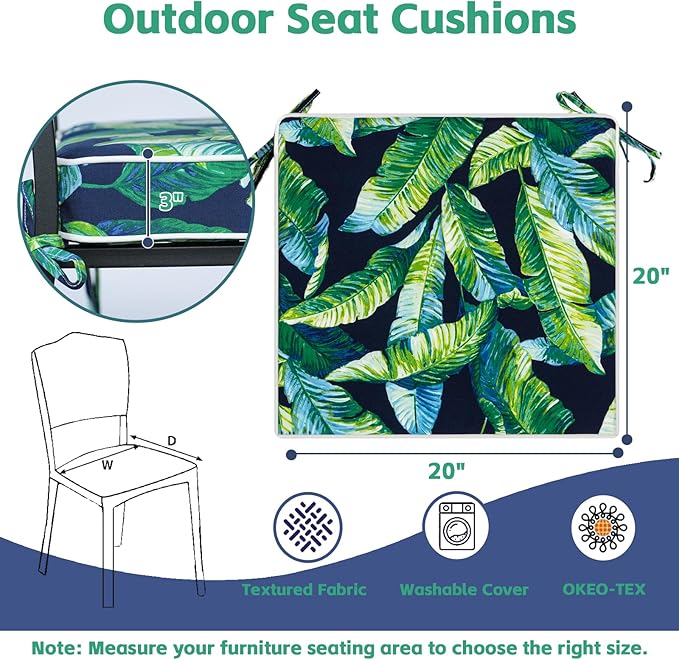 COZYVIDA Outdoor Chair Cushions Set of 4, 20"x20" Square Seat Pads with Tie Straps and YKK Zippers, 30D High-Density Foam, Water-Resistant Fabric,UV-Resistant 1000+ Hrs