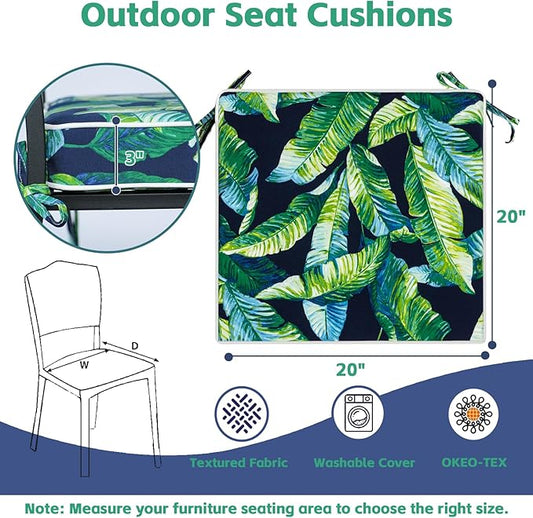 COZYVIDA Outdoor Chair Cushions Set of 4, 20"x20" Square Seat Pads with Tie Straps and YKK Zippers, 30D High-Density Foam, Water-Resistant Fabric,UV-Resistant 1000+ Hrs