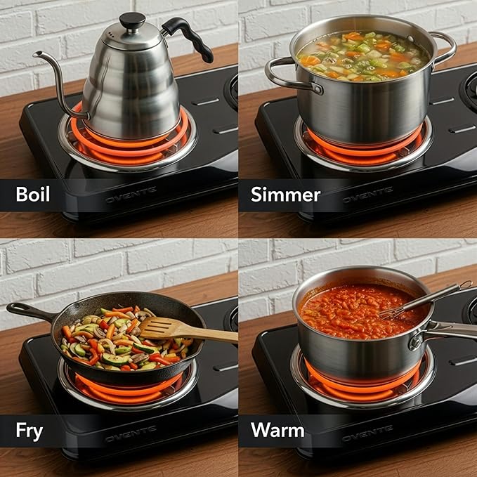 OVENTE Electric Countertop Double Burner, 1700W Cooktop with 6" and 5.75" Stainless Steel Coil Hot Plates, 5 Level Temperature Control, Indicator Lights and Easy to Clean Cooking Stove, Black BGC102B
