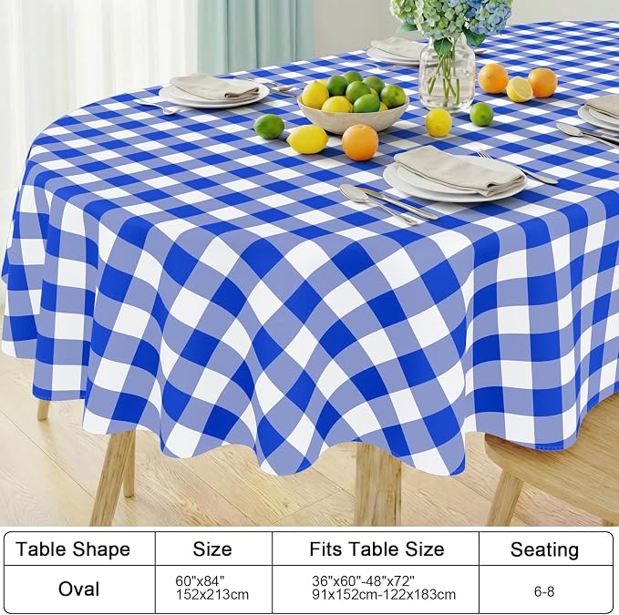 Smiry Oval Table Cloth, Vinyl Tablecloths with Flannel Backing, 60"x84" | Waterproof Picnic Table Cloth, Wipeable Buffalo Plaid Table Cover for Indoor and Outdoor (Blue & White)