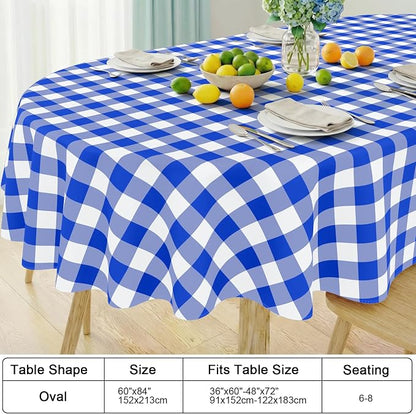 Smiry Oval Table Cloth, Vinyl Tablecloths with Flannel Backing, 60"x84" | Waterproof Picnic Table Cloth, Wipeable Buffalo Plaid Table Cover for Indoor and Outdoor (Blue & White)