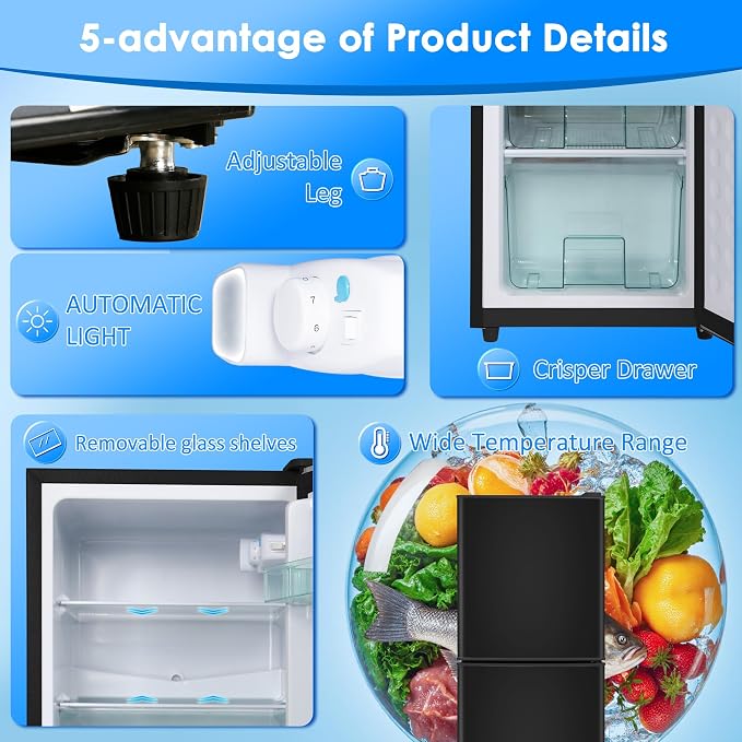 Compact Refrigerator with Freezer, 4.5 Cu. Ft. 2-Door Dorm Fridge, Black | Compact Refrigerator 7-Level Adjustable Thermostat, Glass Shelves, Small Refrigerator with Freezer for Home, RV, Office