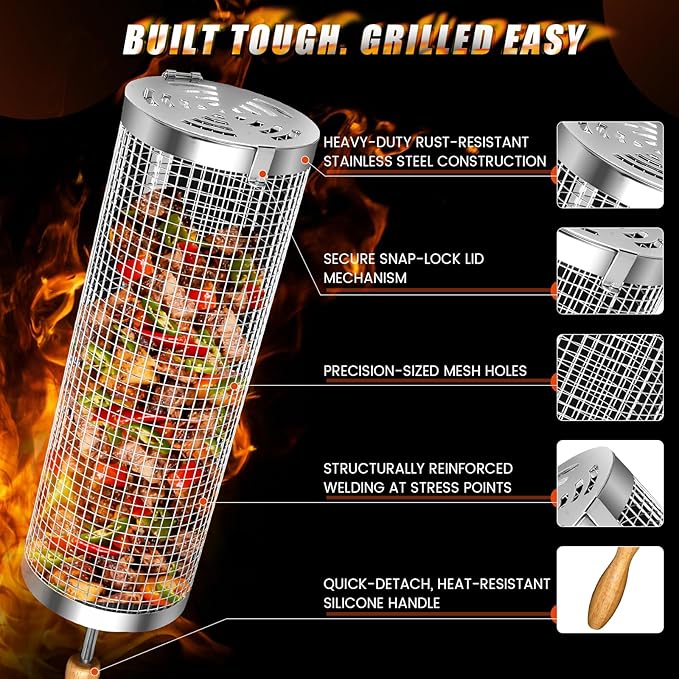 Rolling BBQ Basket for Outdoor Grill: Barbecue Smoker Grilling Baskets for Vegetable, Unique Birthday Christmas Gifts for Men Dad Husband 2pcs