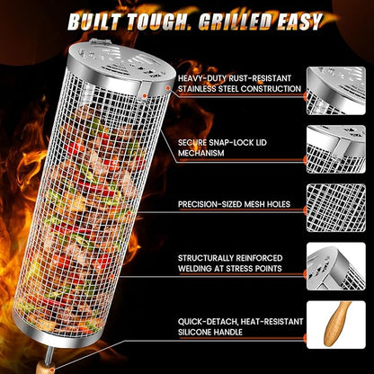 Rolling BBQ Basket for Outdoor Grill: Barbecue Smoker Grilling Baskets for Vegetable, Unique Birthday Christmas Gifts for Men Dad Husband 2pcs
