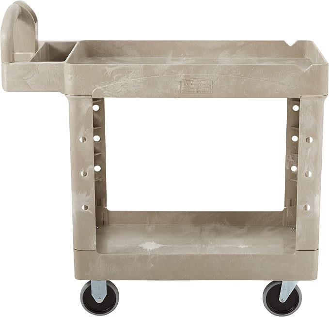 BRUTE Heavy Duty 2-Shelf Utility/Service Cart, Small, Lipped Shelves, Ergonomic Handle, 500 lbs. Capacity, Beige, for Warehouse/Garage/Cleaning/Maintenance