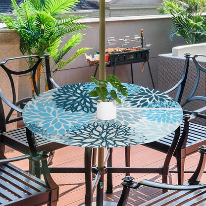 Round Tablecloth with Umbrella Hole and Zipper Elastic Fitted Table Cloth 36"-44" Oil-Proof Waterproof Chrysanthemum Patio Table Cover for Outdoor Dining Picnic Party, Spring Summer Blue Floral