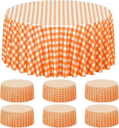 6Pcs Orange Gingham Tablecloths Round, Fall Checkered Table Cover 54x108 In | Orange and White Checkered Round Tablecloths Disposable Waterproof for Fall Picnic Halloween Barbecue Birthday Outdoor Party