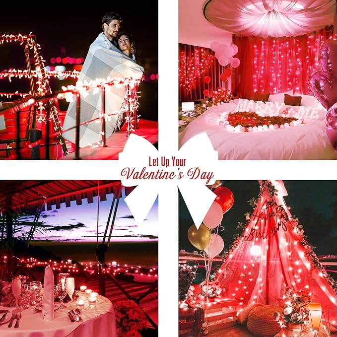 JMEXSUSS 33ft 100 LED Red Battery Operated Lights with Remote, Valentine Lights Battery Operated, Christmas String Light Indoor Outdoor for Valentine's Day Tree House Yard Xmas Decor (Pack of 2)