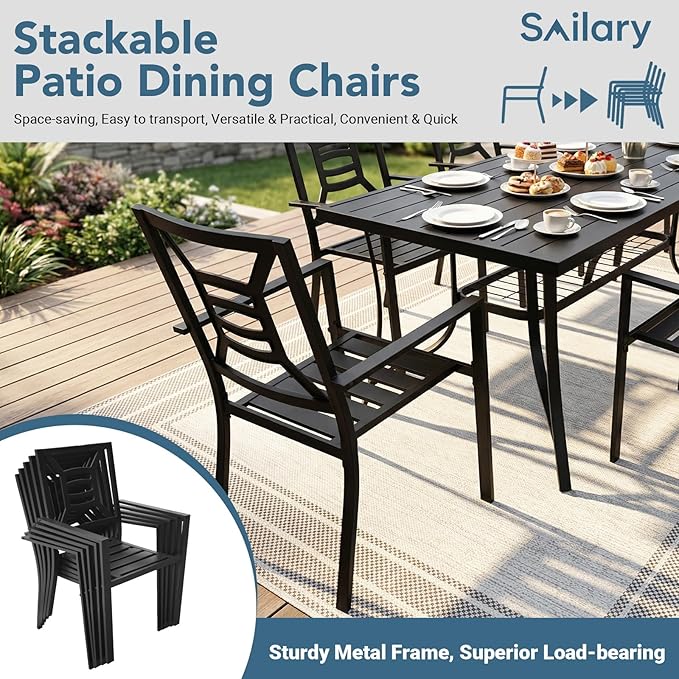 9 Pieces Patio Dining Set for 8, Large 77" Outdoor Metal Table with Universa Umbrella Hole & Stackable Iron Chairs, Patio Furniture Set for Deck, Backyard, Yard, Porch