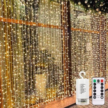 echosari 9.8ft×9.8ft Curtain Lights Battery Operated with Remote Warm White | 300 LED Hanging Light Timer Fairy Curtain Lights for Bedroom Patio Wedding Backdrop Party Decór