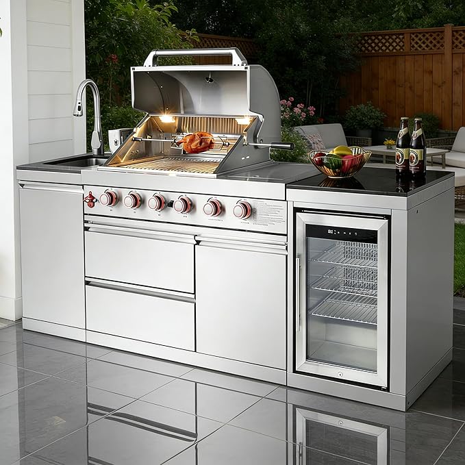 85" Modular Outdoor Kitchen Island with Grill and Side Burner, 4-Burner 71,500 BTU Propane BBQ Island, Refrigerator, Sink & Rotisserie, for Backyard and Patio Cooking, Silver