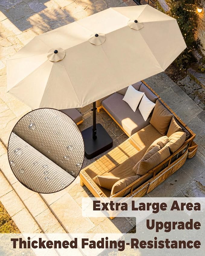 GDPFN 13FT Large Patio Umbrella, Outdoor Deck Standing Umbrella with Crank Handle, Double-Side Rectangular Pool Umbrella for Outside, Market, Patio, Beige (Base Not Include)