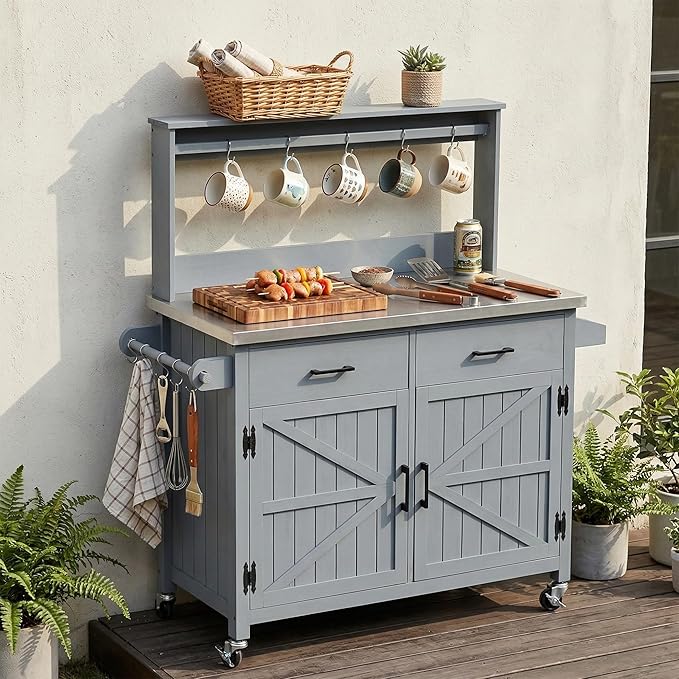 Outdoor Kitchen Island with High Shelf, 53.2" Potting Bench Table with Stainless Steel Top, Storage Cabinet & Lockable Wheels, Solid Wood Grill Cart for BBQ Garden