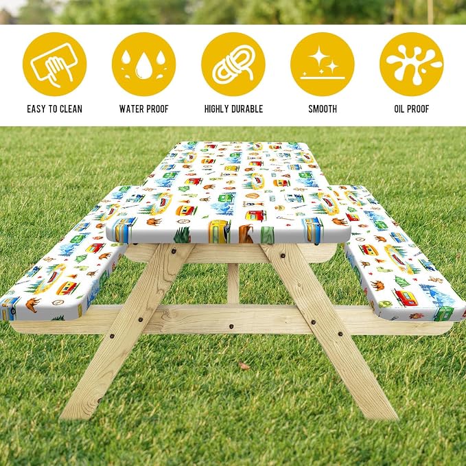Picnic Table Cover with Bench Covers, RV Bear & Mountain Camping Tablecloth, Elastic Edges, Windproof Waterproof Fitted, for Outdoor Camping Patio Garden, with Drawstring Bag, 72 Inch 3PCS