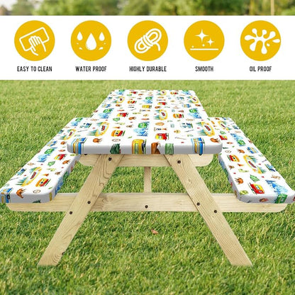 Picnic Table Cover with Bench Covers, RV Bear & Mountain Camping Tablecloth, Elastic Edges, Windproof Waterproof Fitted, for Outdoor Camping Patio Garden, with Drawstring Bag, 72 Inch 3PCS