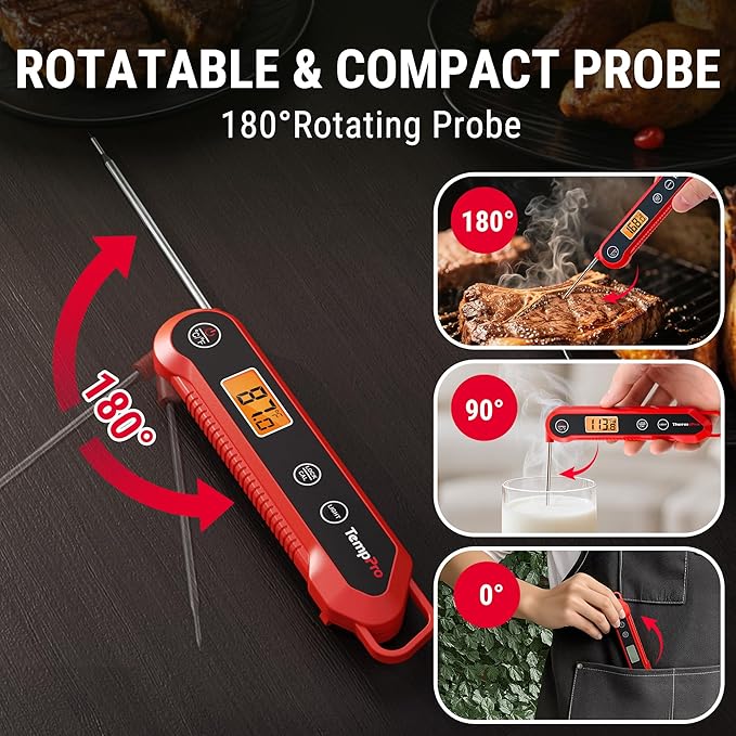 TempPro 1 Second Instant Read Digital Meat Thermometer, ±0.9°F Accuracy, Waterproof & Backlight Food Thermometer for Cooking, Oil Fry Candy Meat Probe for Kitchen, BBQ, Oven, Grill, Smoker
