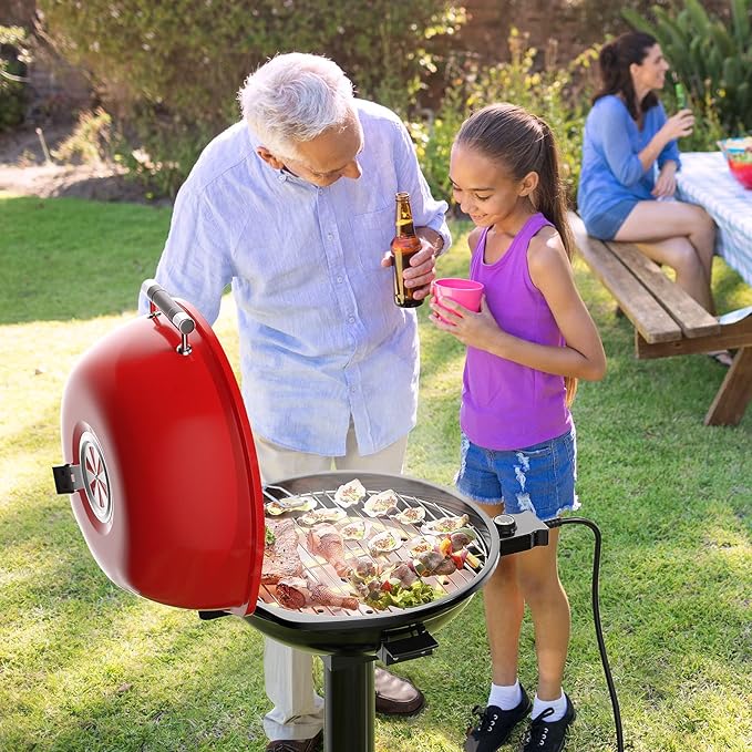 Giantex Electric Grill Indoor Outdoor, 1600W Portable Barbecue Grill with Removable Non-Stick Grilling Rack, Adjustable Temperature, Oil Drip Tray, for Picnic Camping Backyard Cooking (Red)