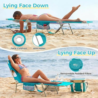 #WEJOY Folding Tanning Chair with Face Hole, 5 Positions Face Down Beach Lounge Chairs with Pillow for Outside Sunbathing Poolside (Cyan)