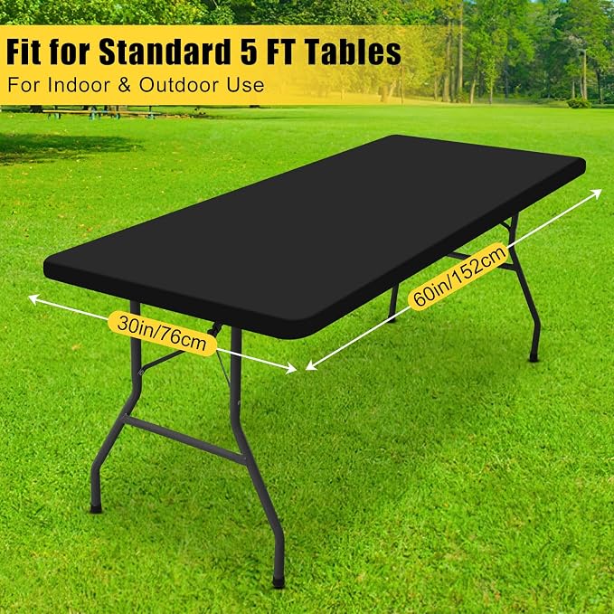 Smiry Rectangle Tablecloth, Elastic Fitted Flannel Backed Vinyl Tablecloths for 5ft Folding Tables, Waterproof Wipeable Table Covers for Indoor, Outdoor, Picnic and Camping (Black, 30"x60")