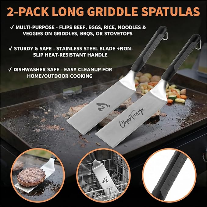Blackstone Griddle Tools Set with Silicone Grease Tray – Heavy-Duty Stainless Steel Spatulas & Scraper + Drip Pan for Blackstone/Camp Chef – 6-Piece BBQ & Camping Cooking Kit