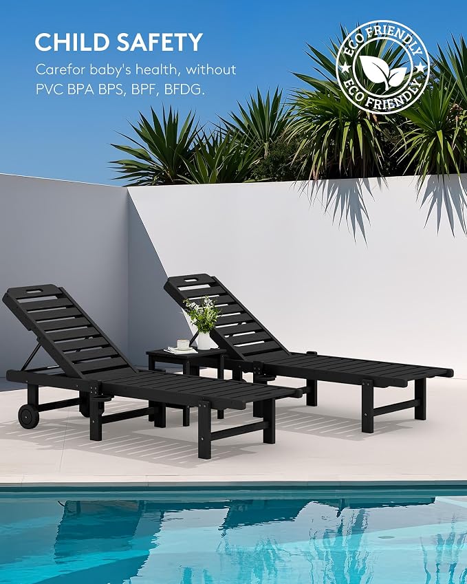 SERWALL HDPE Outdoor Chaise Lounge with Cup Holder & Wheels, Black | Weather-resistant chaise lounge resists fading, with 5-level adjustable back, cup holder and wheels.