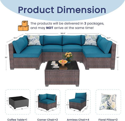 olimix 8 Piece Outdoor Patio Furniture Set, Outdoor Sectional Furniture, Rattan & Wicker Modern Modular Conversation Set Sofa Couch W/Water Resistant Washable Thick Cushions, Brown/Peacockblue