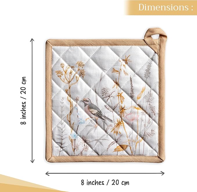 Maison d' Hermine Pot Holders 100% Cotton Heat Resistant Potholders 8" x 8" Hot Pads with Loop BBQ Baking Hotel Farmhouse Kitchen Handling Hot Pans Spring Summer (Pack of 1, Meadow Florals - Beige)